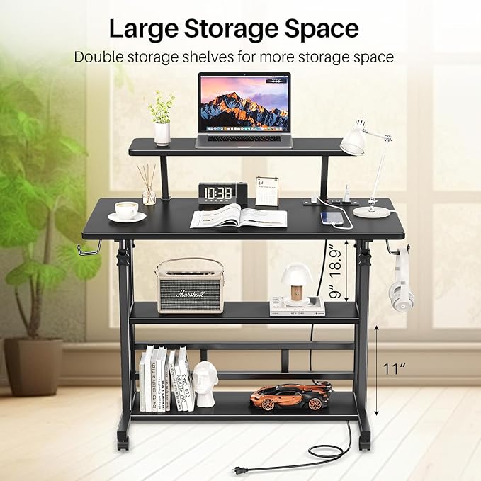 Adjustable Height Standing Desk with Power Outlets, Rolling Stand Up Desk with Monitor Stand and Storage Shelves, 31.5" Small Mobile Computer Desk, Portable Laptop Table (Black with Monitor Stand)