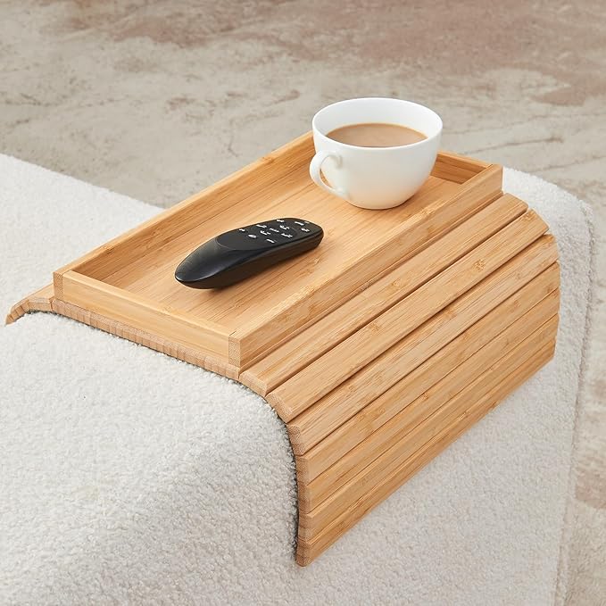 Bamboo Sofa Arm Tray, Anti Falling Couch Arm Tray Table, Foldable Couch Armrest Table, Portable Sofa Armrest Trays Cup Holder for Drink, Cups, Phone, Snacks, Remote