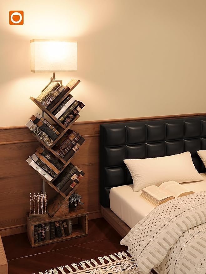 addlon 6-Tier Tree Bookshelf, Steel&Wood Corner Shelf with 3CCT Bulb,Small Book Shelf for Bedroom, Home Office&Living Room-Rustic Brown