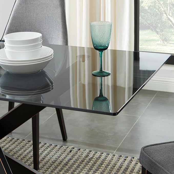 Modern Style Dining Table with Gray Tempered Glass Top and Black Metal Tubular Legs, 58.5”Lx29”Wx30”H