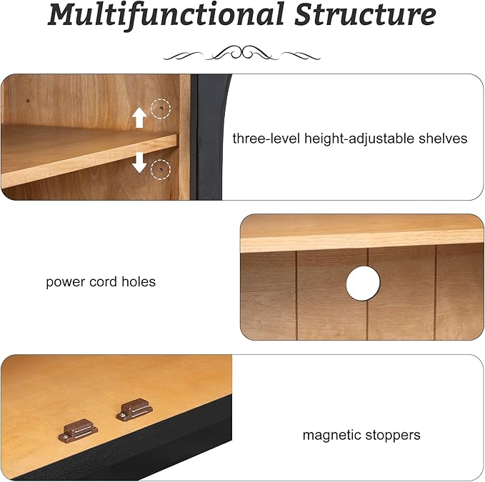 Merax Wood Farmhouse Buffet Sideboard with Adjustable Shelves and 4 Glass Doors, Coffee Bar Cabinet TV Stand for Living Room Bedroom Kitchen Black