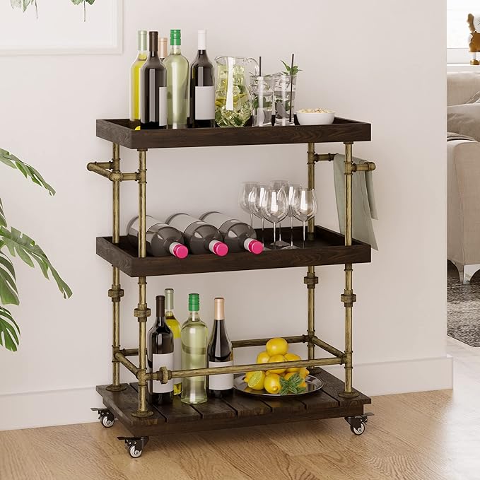 Industrial Bar Cart, 3-Tier Serving Cart Creates with Solid Wood and Metal Pipe Frame, Rustic Style Wide Bar Cart Wine Rack with Wheels (3-Tier)