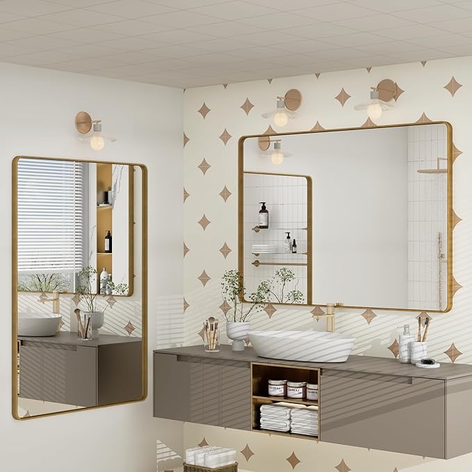 55x40 Inch Gold Bathroom Mirror, Brushed Metal Frame Gold Vanity Mirror, Large Rectangle Mirror for Wall, Rounded Corner, Shatterproof, Anti-Rust (Horizontal/Vertical)