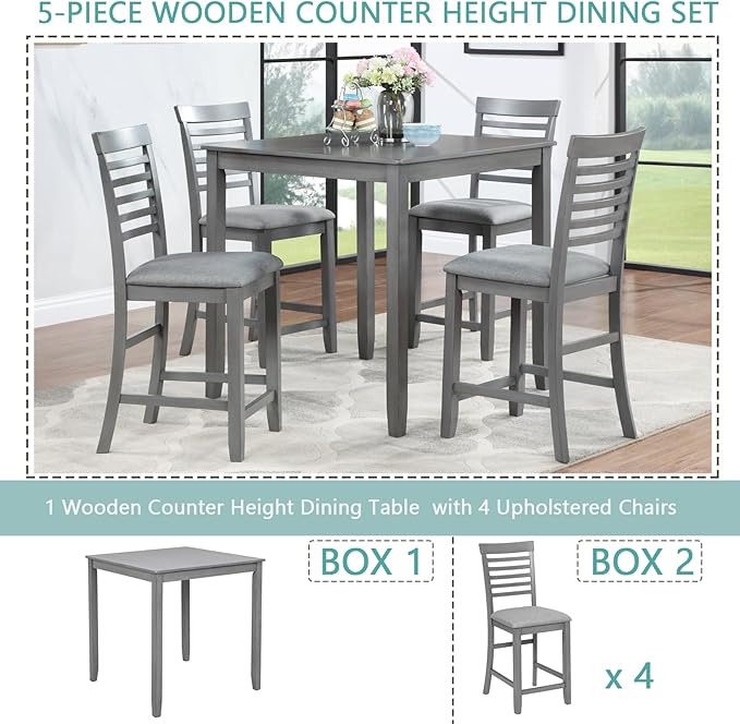 KEIKI 5-Piece Counter Height Dining Table Set with Square Table and 4 Upholstered Ladder Backrset Chair, for 4 Person, Modern Style Wooden Table Set, Easy Assembly, for Kitchen, Dining Room, Gray