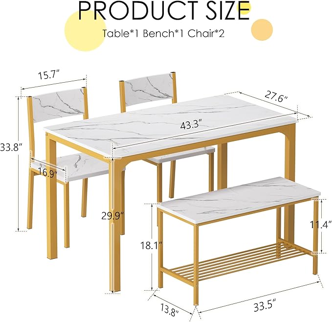 soges 4-Piece Dining Table Set with Bench - 4 Person Kitchen Table and 2 Chairs for Small Spaces, Apartment - Metal Frame & Woodgrain Tabletop, Space-Saving Design, Durable & Easy to Clean, Gold