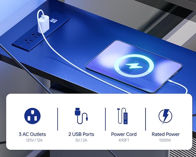 Pamray 58 Inch Computer Desk with Monitor Stand and Shelves Gaming Desk with LED Lights & Power Outlets PC Vanity Table with 2 Drawers for Home Office White