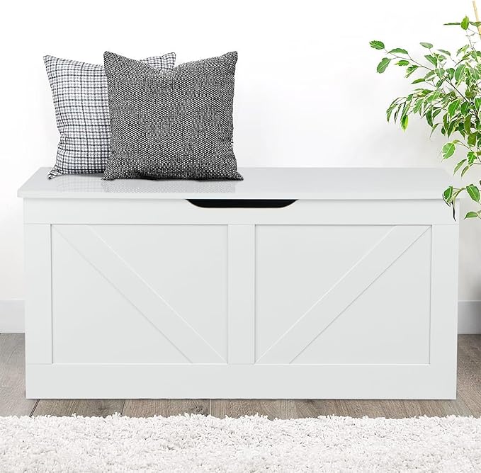 39.4" Storage Chest, Wooden Storage Bench, Large Storage Trunk with 2 Safety Hinges, Entryway Shoes Bench for Living Room, Bedroom, White