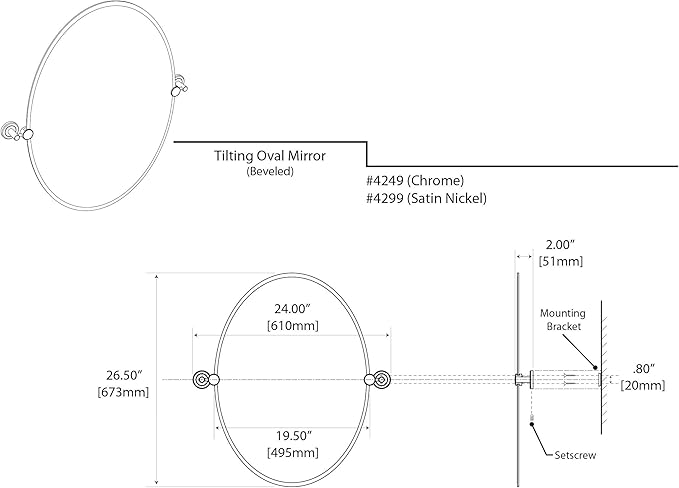 Gatco Latitude II Frameless Oval Mirror, 26.5" H | Wall Mounted 26.50"H X 19.50"W Pivoting, Tilting Beveled Bathroom Vanity Mirror With Chrome Brackets | Total Width With Brackets 24"