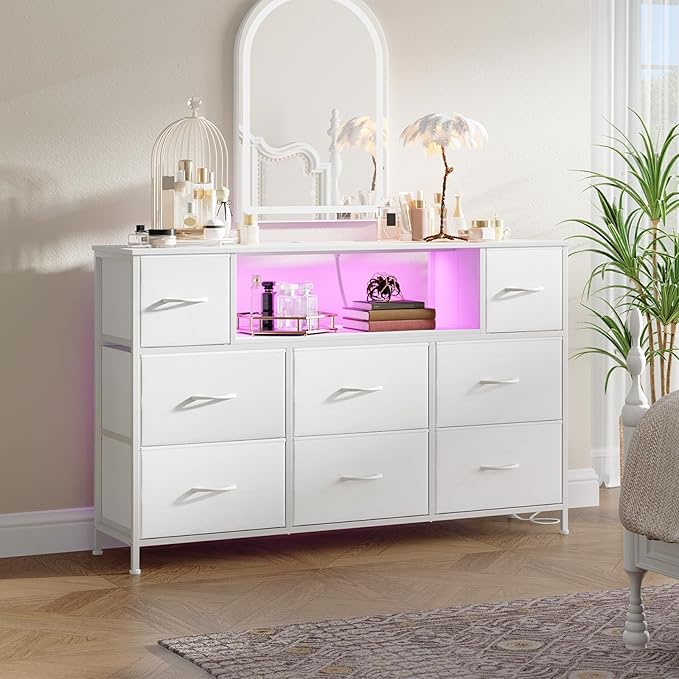 Somdot White TV Stand, Dresser for Bedroom for 55 inch TV with Charging Station and LED Lights, Media Console Table with 8 Drawers, Open Shelf, Adjustable Feet,Living Room Furniture
