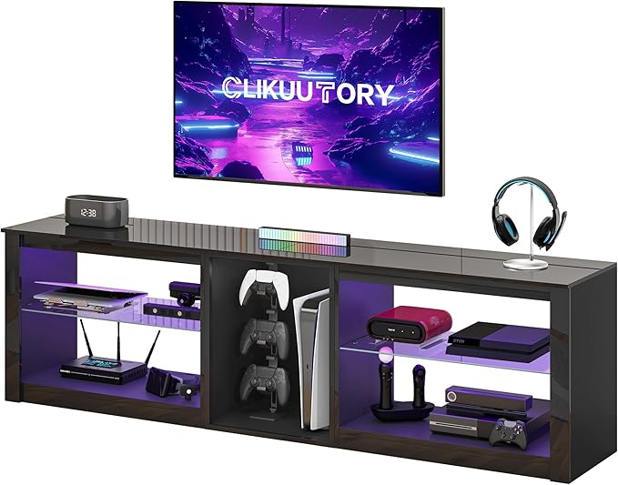 Clikuutory 63 inch High Gloss LED TV Stand for 50 55 60 65 70 75 inch TV, Gaming Entertainment Center for PS5, TV Cabinet with Glass Shelves for Living Room, Bedroom, Bright Black