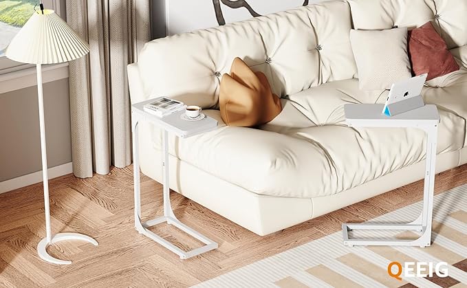 QEEIG Narrow C Shaped Side Table Set of 2 Living Room Sets Slim Couch Tray Tables Skinny Thin Small Modern 7 inch Width, White (017-18WW)