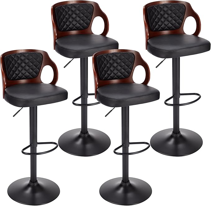 VECELO BarStools Set of 2,Counter Height Stools with Bentwood Back&Arm, Swivel Barstools,PU Leather Kitchen Island Stools, Adjustable Height Bar Chairs for Club Pub Dining Room,Black