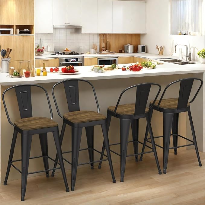Metal Bar Stools Set of 4, High Back Bar Stools with Wooden Seat, 24 inch Black Barstools for Kitchen Island