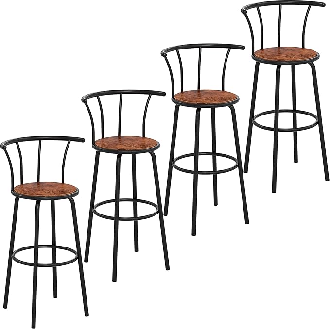 VECELO Bar Stools Set of 4, Swivel Counter Barstools with Backrest, Bar Height Chairs for Dining Room, Kitchen Island, Pub, Easy Assembly, Brown