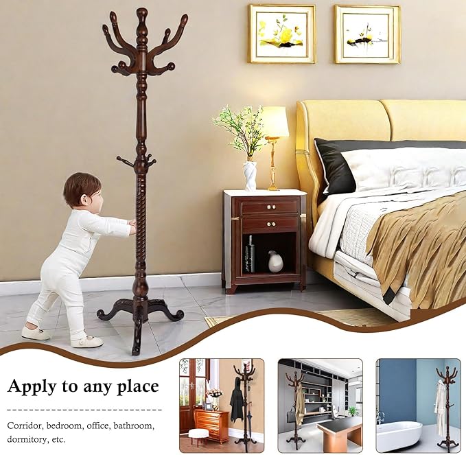 Coat Rack Stand, Solid Wooden Coat Tree with 11 Hooks, Heavy Duty Coat Rack Freestanding with Sturdy Round Base, Natural Birch Wood Coat Hanger Stand for Entryway Bedroom (triangles)