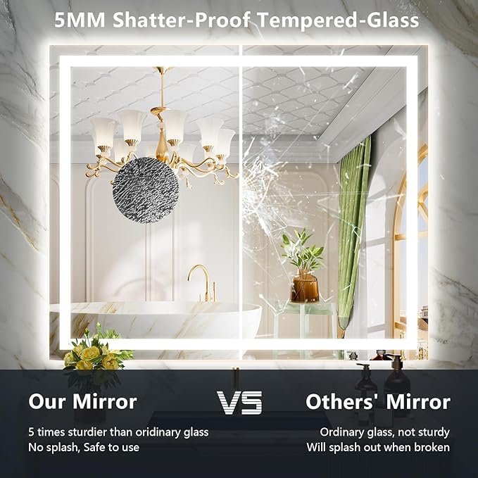 48x40 Inch LED Bathroom Mirror with Lights Front and Backlit Lighted Vanity Mirror for Bathroom Wall with 3 Colors Dimmable Anti-Fog Memory Tempered Glass Horizontal/Vertical