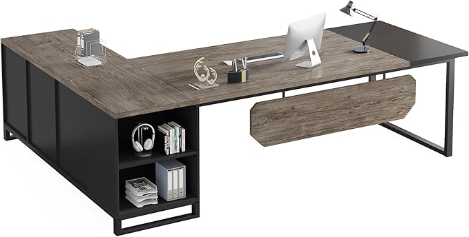 Tribesigns 70.8" Executive Desk with 55" File Cabinet, Industrial L Shaped Computer Desk with Storage Shelves and Cabinet, Large L Shaped Executive Desk for Home Office, Retro Gray & Black
