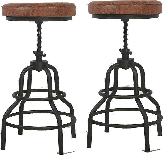 LOKKHAN Industrial Bar Stools-Swivel Leather Metal Bar Stool-20-27 Inch Tall Counter Height-Adjustable Kitchen Stool Dining Chair Cafe Stools (Set of 2)