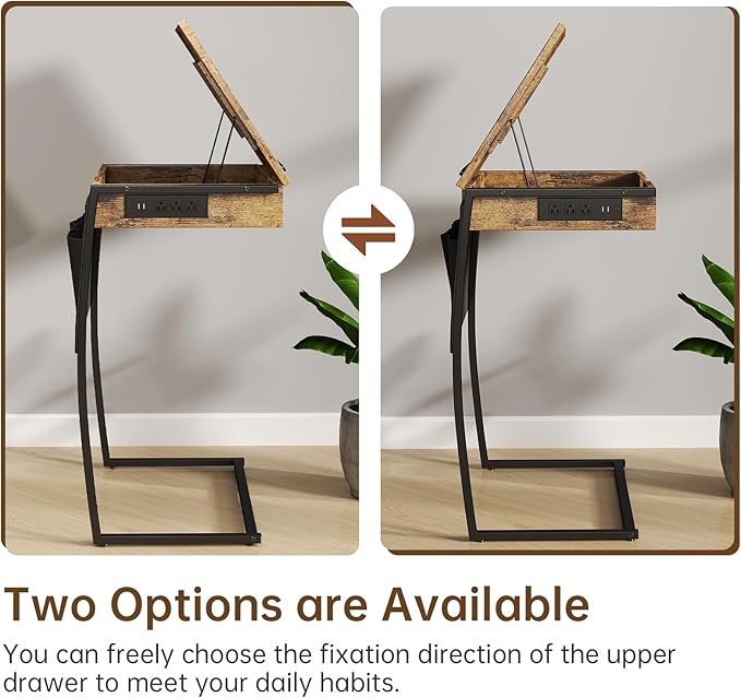 Hadulcet TV Tray Tables, Laptop Stand for Couch, C Shaped End Table with Charging Station, Couch Tables That Slide Under, Bed Desk for Eating, Couch Desk for Laptop, Rustic Brown