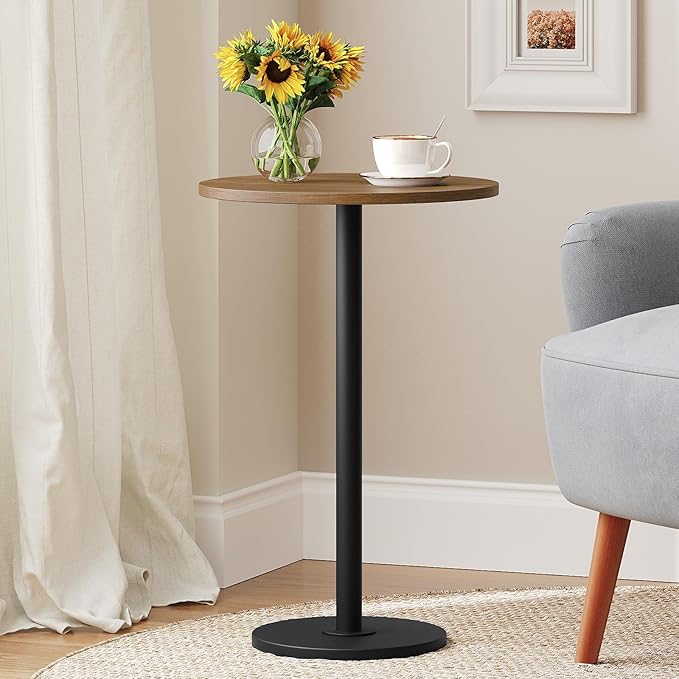 Round Side End Table for Small Spaces, Pedestal Style Martini Drink Side Table in Living Room, Bedroom, Dormitory, Walnut and Black ET30BH