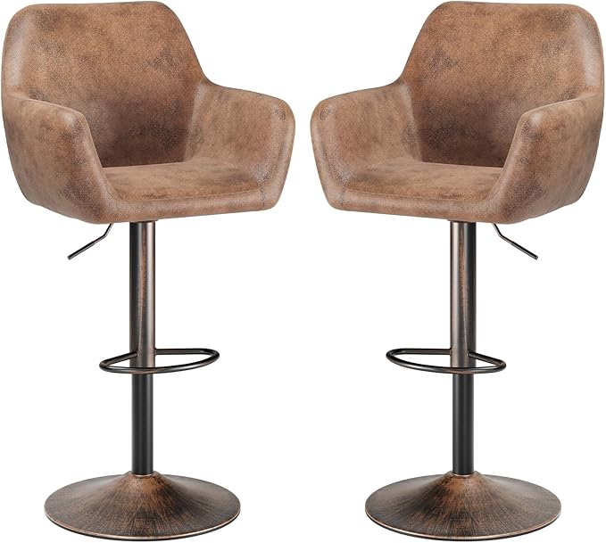Keyluv Bar Stools Set of 2 for Kitchen Counter Adjustable Swivel Height Barstools 29 Inch Faux Leather Bar Chairs with Padded Back and Chromed Metal Base, Retro Brown