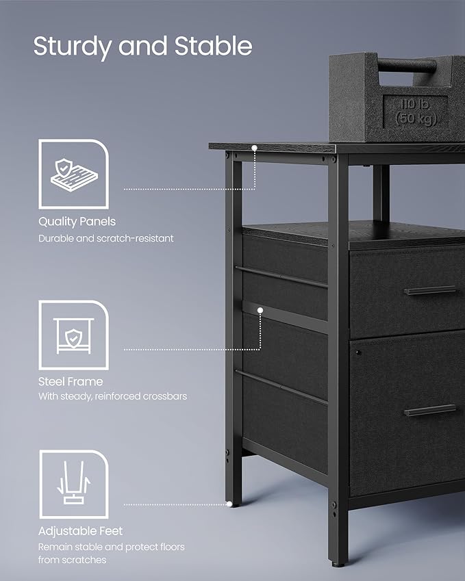 VASAGLE L-Shaped Desk with Power Outlets, Computer Desk with Monitor Stand, Corner Desk, Gaming Desk with LED Lights, 2 Drawers, Easy to Assemble, for Home Office, Ebony Black ULWD095B56