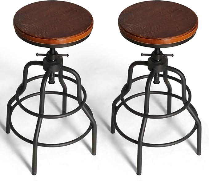 LOKKHAN Vintage Industrial Barstools - 13.8" Dia Round Wooden Brown Seat - Black Metal Base - Adjustable Height: 23.6"-29.5" / Minimalist Design/Raw Rustic Look/Rotating Top Bar Chairs, Set of 2