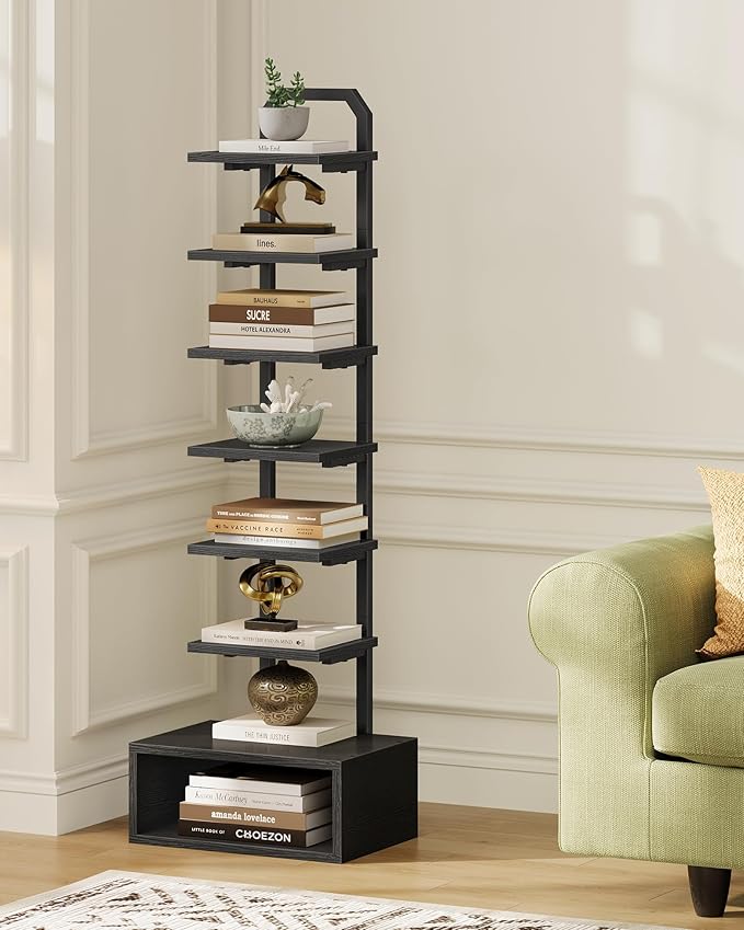 8-Tier Bookshelf, LED Bookcase with Semi-Open Bottom, Small Space Standing Shelf with Lights, Corner Storage Stand, for Living Room, Home Office, Bedroom, Black TSJ08DBB