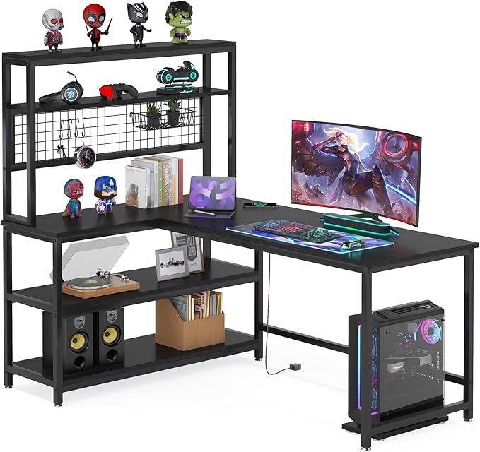 Tribesigns 55" Large Computer Desk with Wireless Charging 5 Storage Shelves, Office Desk Study Table Writing Desk Workstation with Hutch Bookshelf for Home Office (All Black)