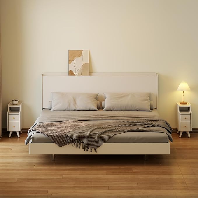 Small Nightstand with Drawers, Solid Wood Bedside Table, Narrow White Nightstand for Bedroom