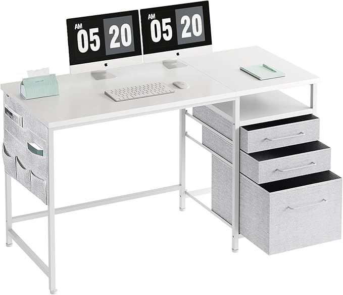 Maihail Maihail Small Desk with Drawers, 47 inch Computer Desk with Shelves, Writing Desk with Storage, Small Office Desk with Metal Frame, White