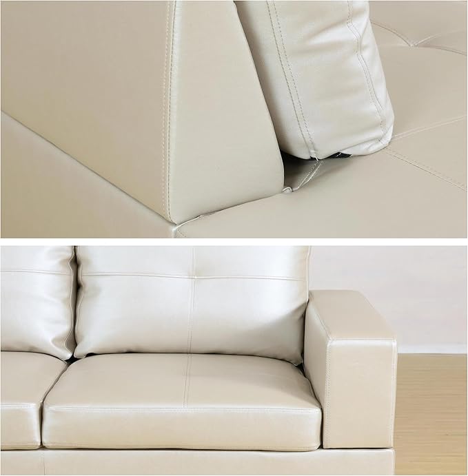 L-Shaped Sectional Sofa with Ottoman, Right-Facing Leather Modern Couch with Cup Holder for Living Room, Bedroom, Office, Glistening White