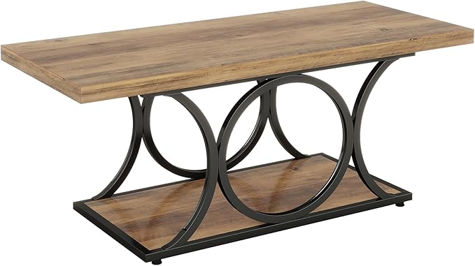 Tribesigns Rectangle Coffee Table, 47.24-inch Rustic Coffee Tables for Living Room, 2-Tier Farmhouse Wooden Coffee Table with Geometric Metal Legs, Home Furniture with Storage Shelf (Brown & Black)