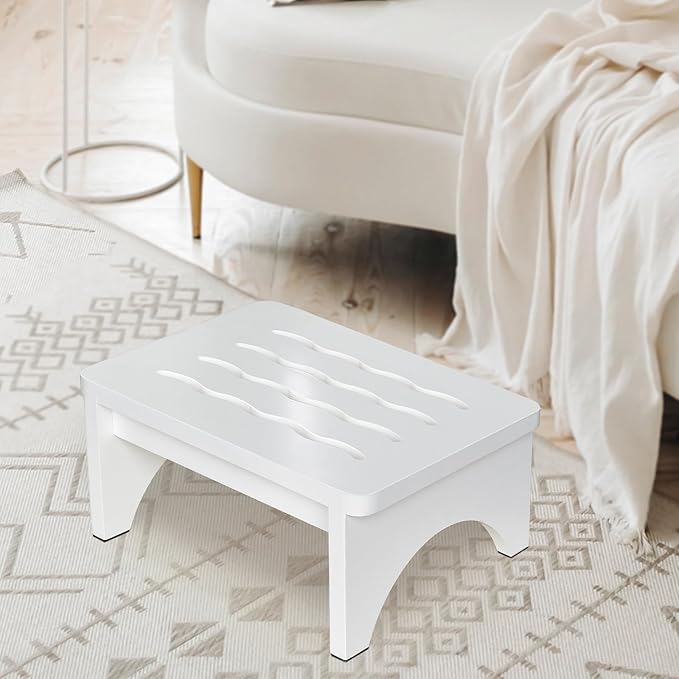 Wooden Step Stool for Adults, One Step Stool with Non-Slip Rubber, 6.9”x 15.7"" Bed Step Stool for High Beds, White Safety Foot Stool for Elderly, Kid