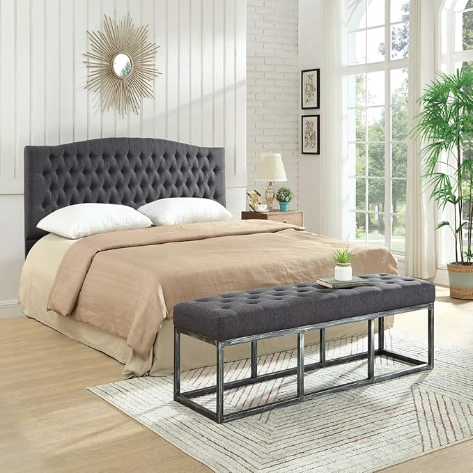 24KF Upholstered Tufted Long Bench with Metal Frame Leg, Linen Bench Ottoman with Padded Seat-Dark Gray
