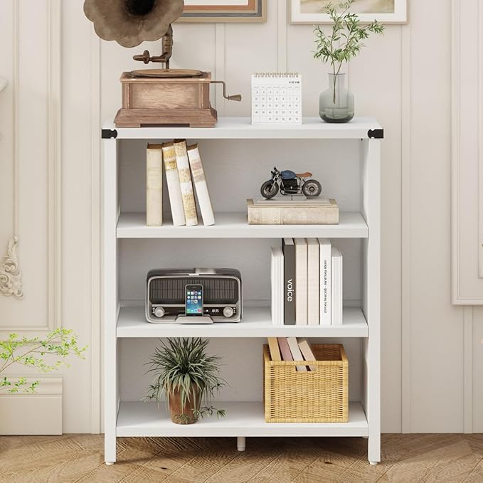BON AUGURE White Bookcase, 3 Shelf Bookshelf, Farmhouse Wooden Book Cases/Shelves, Small Open Storage Book Shelves for Home School Library Office Bedroom Kids (White Oak)