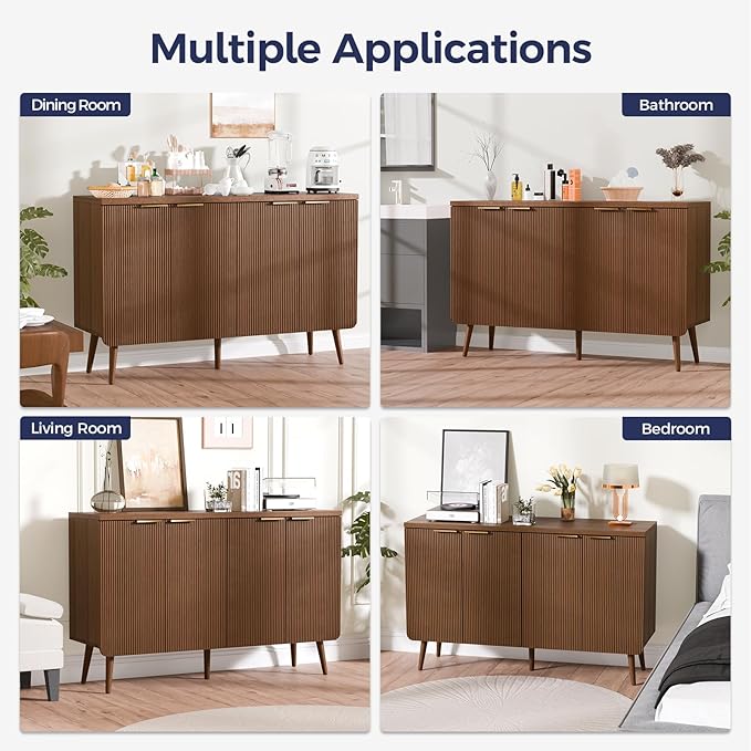47.2" Buffet Cabinet with 4 Doors, Accent Sideboard Cabinet with Adjustable Shelf, Dining Room Sideboard with Waveform Panel, Credenzas for Living Room, Hallway, Walnut