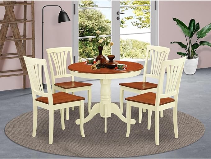 East West Furniture ANAV5-WHI-W 5 Piece Dining Room Furniture Set Includes a Round Kitchen Table with Pedestal and 4 Dining Chairs, 36x36 Inch, Buttermilk & Cherry