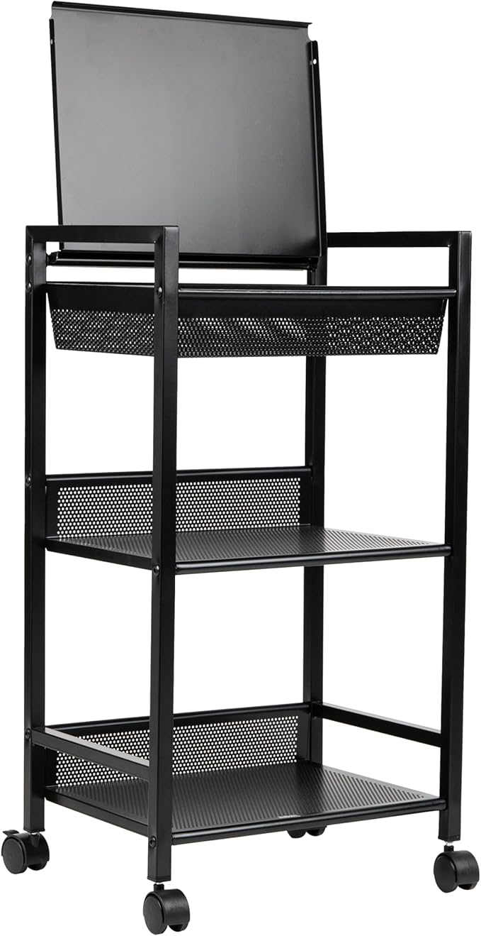 Mind Reader Cart with Covered Compartment, Office Organizer, Storage, 3-Tier, Office, Metal, 15.5" L x 11" W x 28.25" H, Black