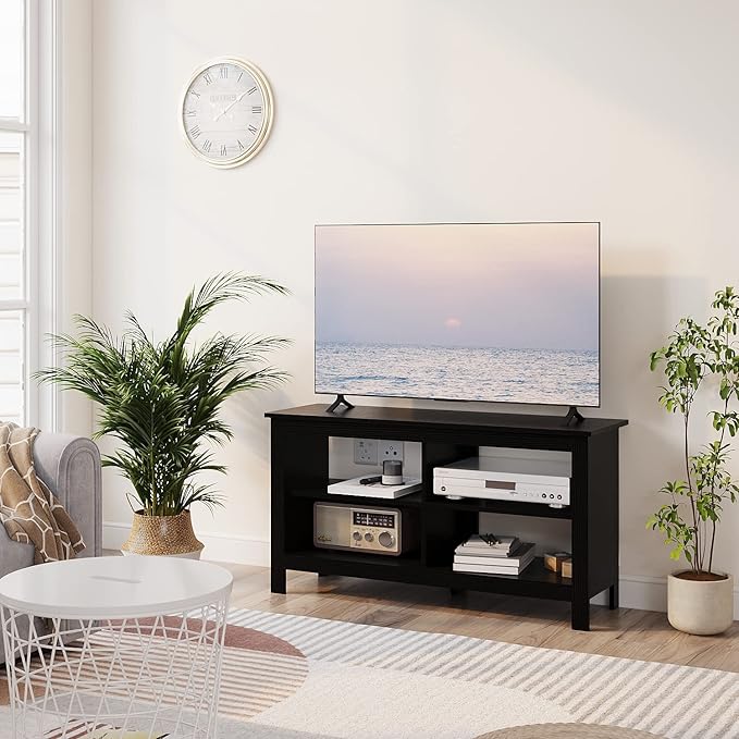 43 Inches TV Stand,Mid Century Modern Entertainment Center with 4 Open Shelves Farmhouse TV Media Console Table for Living Room,Bedroom,Television Stand up to 50 Inches(Black)