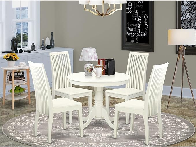 East West Furniture ANIP5-LWH-W 5 Piece Modern Dining Table Set Includes a Round Kitchen Table with Pedestal and 4 Dining Room Chairs, 36x36 Inch, Linen White