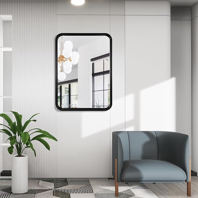 WallBeyond 18x24 Inch Wood Mirror for Bathroom, Wooden Frame Wall Mirror Farmhouse Wall Mounted Rectangle Mirror for Vanity (Horizontal/Vertical Black Color)