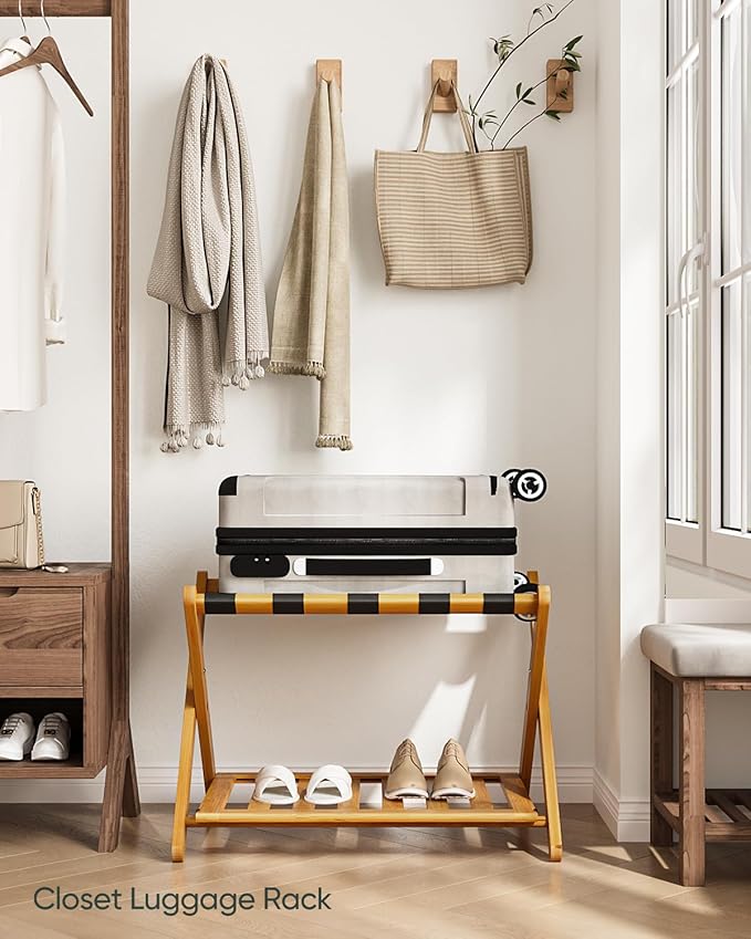 Fully Assembled Bamboo Luggage Racks, Foldable Suitcase Stand with 5 Nylon Straps, Luggage Stand with Shoe Shelf Ideal for Guest Room, Bedroom, Hotel, Honey Oak