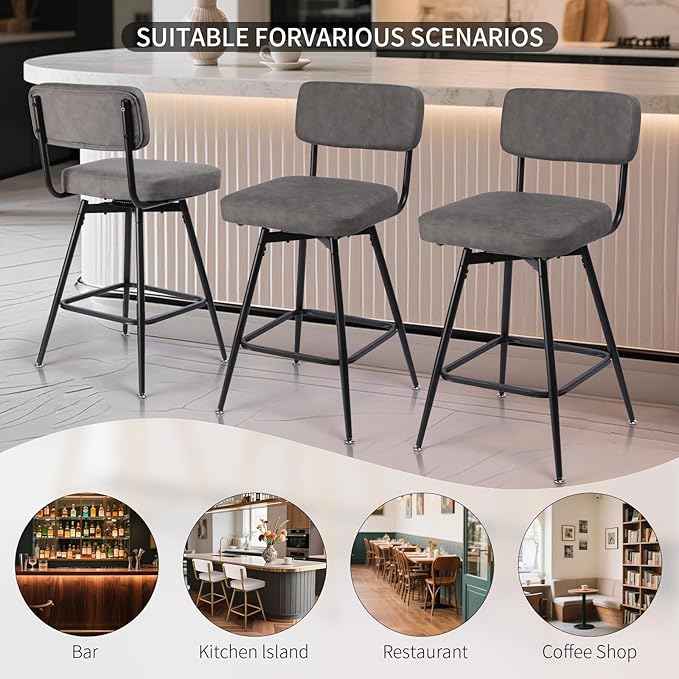Swivel Counter Height Bar Stools Set of 2, Faux Leather Bar Stools with Back, Metal Legs and Footrest, 26" Seat Height Barstools for Kitchen Islands and Home Bars, Easy Assembly, Grey&Black