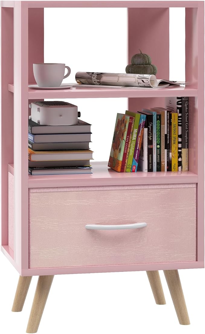 Night Stand, Pink Kids Nightstand with Drawer, Nursery Side Table with Open Storage, 3-Tier Modern End Table, Bedside Table for Small Space, Living Room, Bedroom