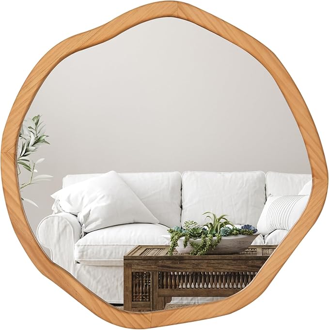 ULIKE Round Wood Mirror 24 Inch Circle Wall Mirror, Asymmetrical Bathroom Vanity Mirror with Wood Frame, Decorative Wall Mounted Mirror for Bedroom, Living Room, Entryway, Natural