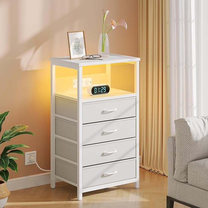 Seventable Night Stand with Charging Station, Tall Nightstand with 4 Fabric Storage Drawers, Side Table with LED Light for Bedroom, Entryway, White, Set of 2