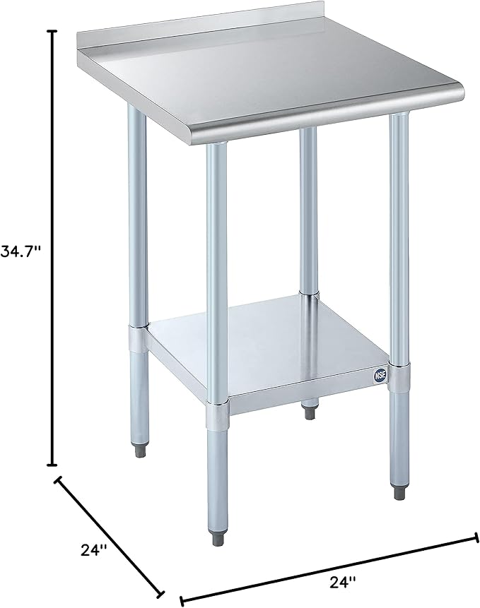ROCKPOINT Stainless Steel Table for Prep & Work with Backsplash 24x24 Inches, NSF Metal Commercial Kitchen Heavy Duty Table with Adjustable Under Shelf and Table Foot for Restaurant, Home and Hotel