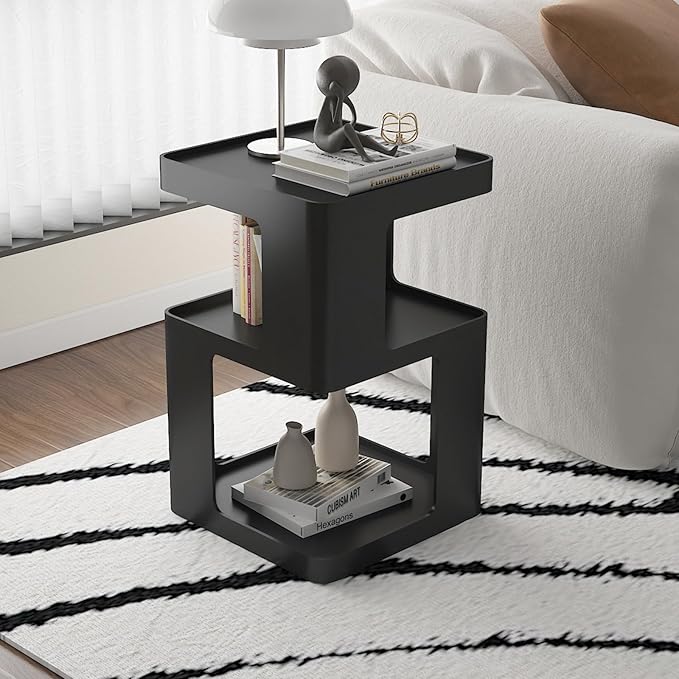 Black Side Table, Modern Nightstand Metal End Table for Living Room Bedroom,Square Bedside Table-3 Tier Storage,Not Assemble Required