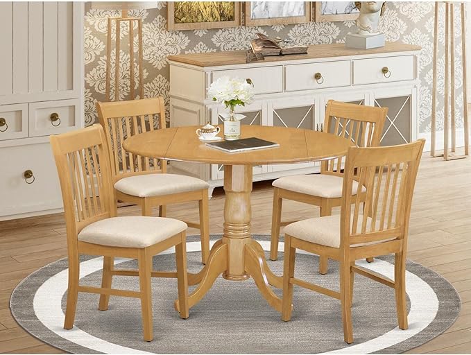 East West Furniture DLNO5-OAK-C 5 Piece Kitchen Table & Chairs Set Includes a Round Dining Room Table with Dropleaf and 4 Linen Fabric Upholstered Dining Chairs, 42x42 Inch, Oak